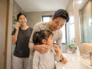 family brushing teeth together for healthy smile habits
