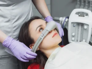 Patient relaxing with nitrous oxide sedation at Embrace Dental Care in Louisville, KY